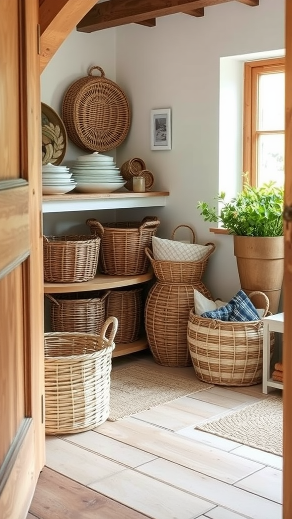 A collection of woven baskets in a cozy kitchen setting.